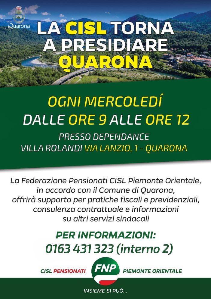 Quarona, la CISL torna a presidiare il paese: sportello ogni mercoledì alla dependance di Villa Rolandi
