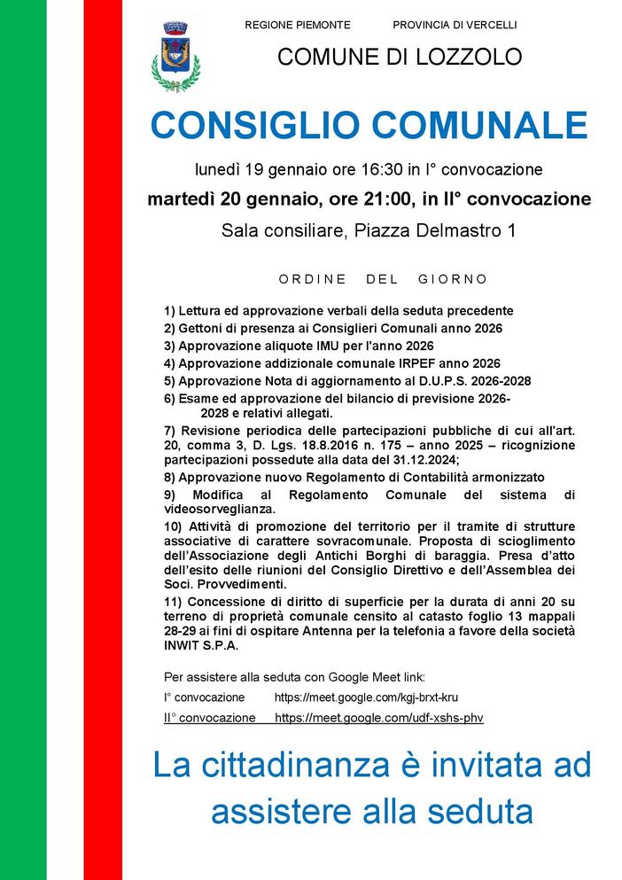 Lozzolo, convocato il Consiglio comunale: in discussione IMU, addizionale Irpef e bilancio 2026-2028