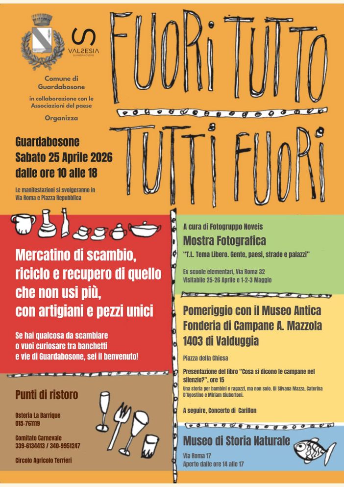 Guardabosone, il 25 aprile torna “Fuori Tutto Tutti Fuori” tra mercatino, mostre e iniziative in paese Guardabosone, il 25 aprile torna “Fuori Tutto Tutti Fuori” tra mercatino, mostre e iniziative in paese