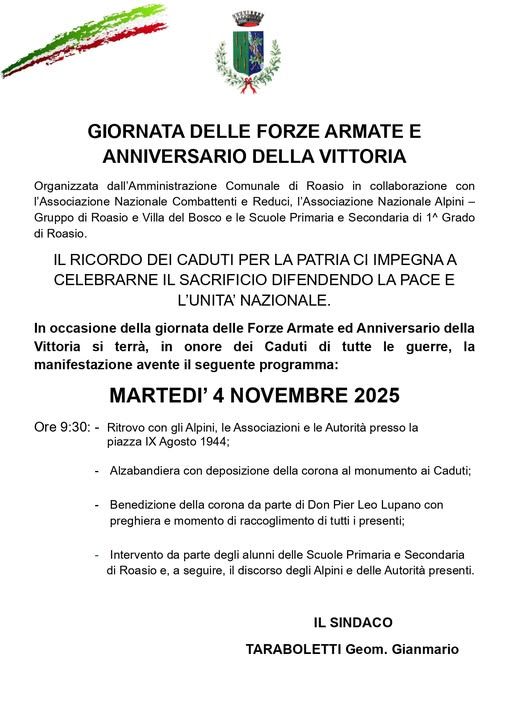 Roasio celebra la Giornata delle Forze Armate e l’Anniversario della Vittoria Roasio celebra la Giornata delle Forze Armate e l’Anniversario della Vittoria