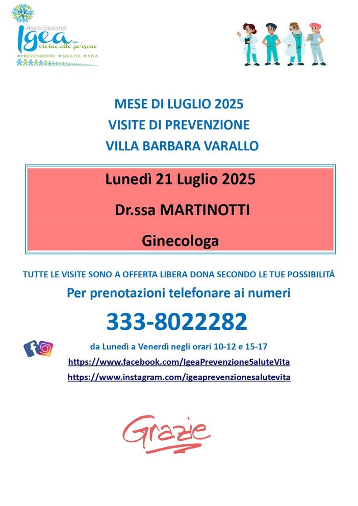 Associazione Igea: visita ginecologica a Villa Barbara il 21 luglio Associazione Igea: visita ginecologica a Villa Barbara il 21 luglio