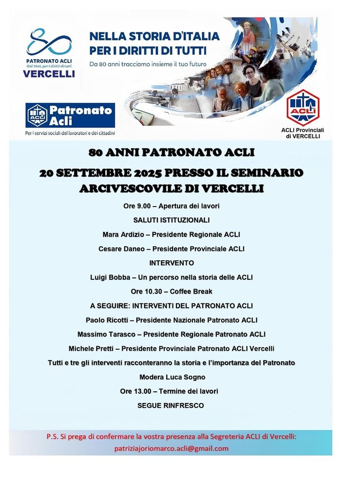 Vercelli: 80 anni di Patronato ACLI, il 20 settembre il convegno celebrativo
