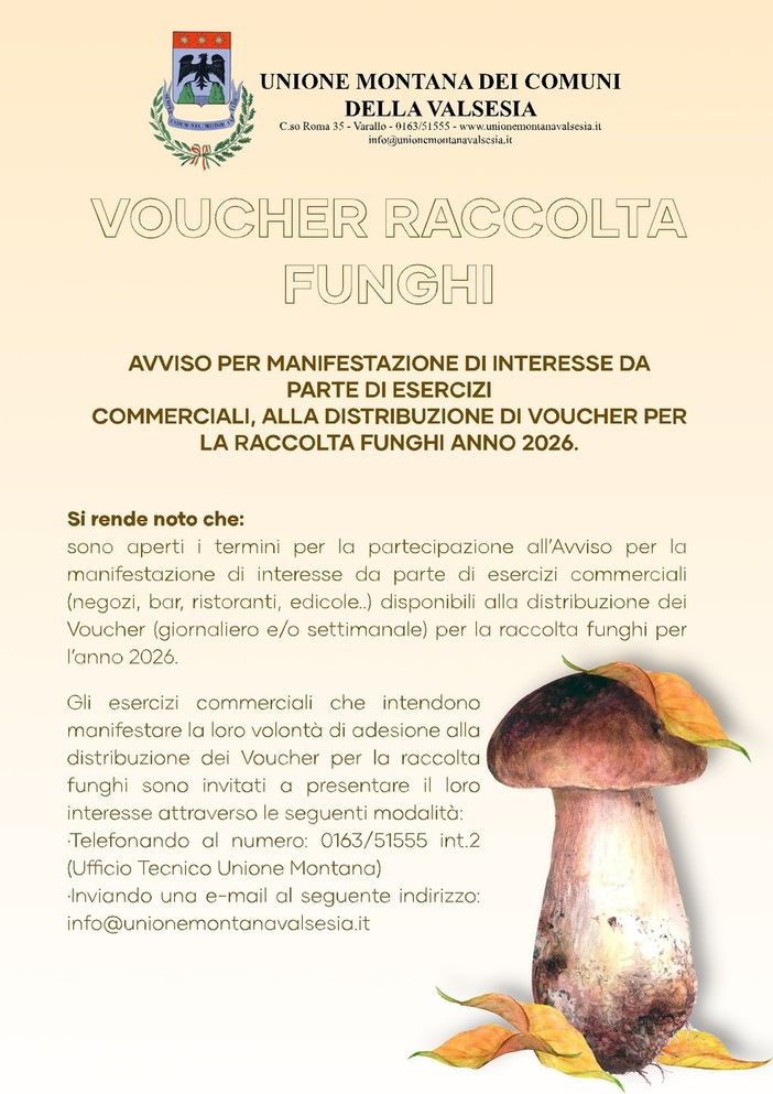 Voucher funghi 2026, l’Unione Montana dei Comuni della Valsesia cerca esercizi disponibili alla distribuzione Voucher funghi 2026, l’Unione Montana dei Comuni della Valsesia cerca esercizi disponibili alla distribuzione
