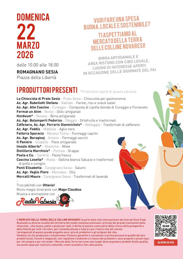 Romagnano Sesia, il 22 marzo torna il Mercato della Terra delle Colline Novaresi: prodotti locali, FAI e animazione in piazza