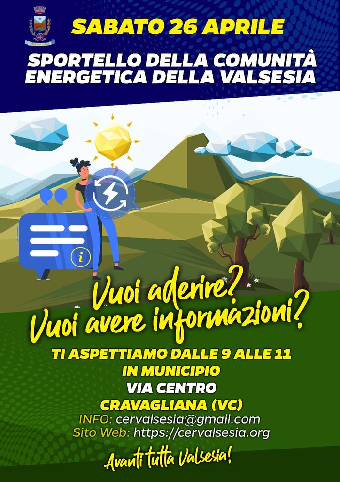 Cravagliana: sabato 26 aprile sarà attivo lo sportello della Comunità Energetica della Valsesia Cravagliana: sabato 26 aprile sarà attivo lo sportello della Comunità Energetica della Valsesia