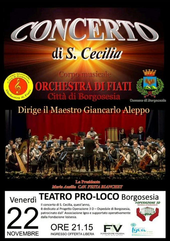 Borgosesia: il concerto benefico di Santa Cecilia suonerà per Operazione 3D Borgosesia: il concerto benefico di Santa Cecilia suonerà per Operazione 3D