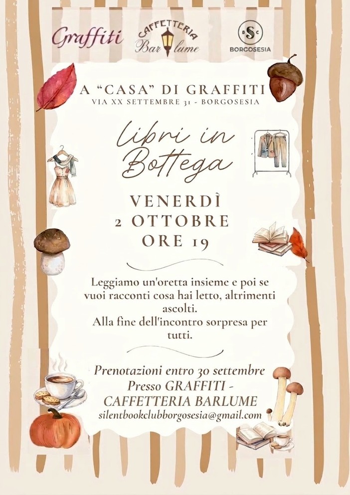 Borgosesia, il 2 ottobre “Libri in bottega”: il Silent Book Club entra da Graffiti Borgosesia, il 2 ottobre “Libri in bottega”: il Silent Book Club entra da Graffiti