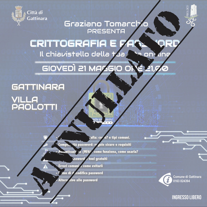Gattinara, annullato l’incontro su crittografia e password a Villa Paolotti