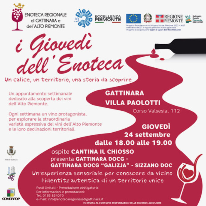 Gattinara, il 24 settembre riprendono “I Giovedì dell’Enoteca” con la Cantina Il Chiosso Gattinara, il 24 settembre riprendono “I Giovedì dell’Enoteca” con la Cantina Il Chiosso