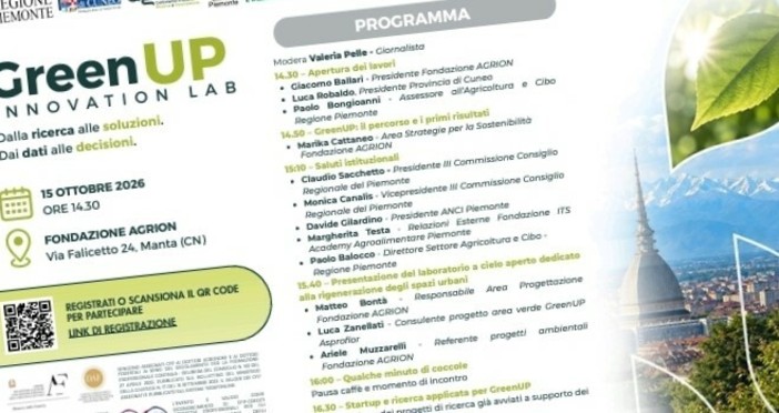 Giovedì 15 ottobre 2026 Fondazione Agrion presenta "GreenUP Innovation Lab" Giovedì 15 ottobre 2026 Fondazione Agrion presenta "GreenUP Innovation Lab"