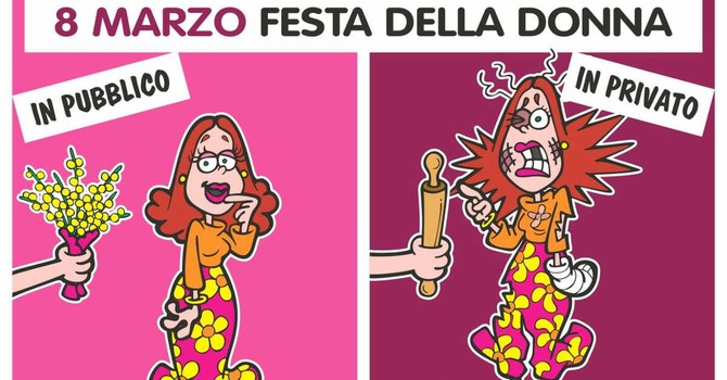 Festa della Donna: mimosa in pubblico e "mazzate" in privato - Illustrazione di Giovanni Cavallo
