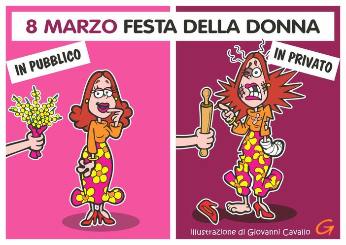 Festa della Donna: mimosa in pubblico e "mazzate" in privato - Illustrazione di Giovanni Cavallo