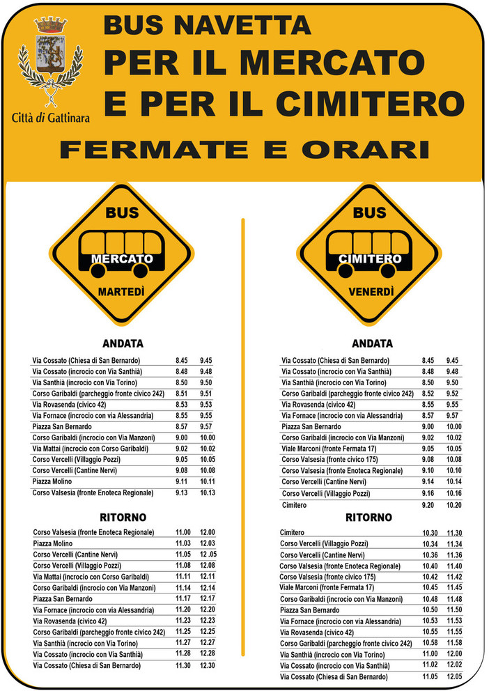 Gattinara, un servizio che avvicina la città: al via il bus navetta gratuito per mercato e Cimitero