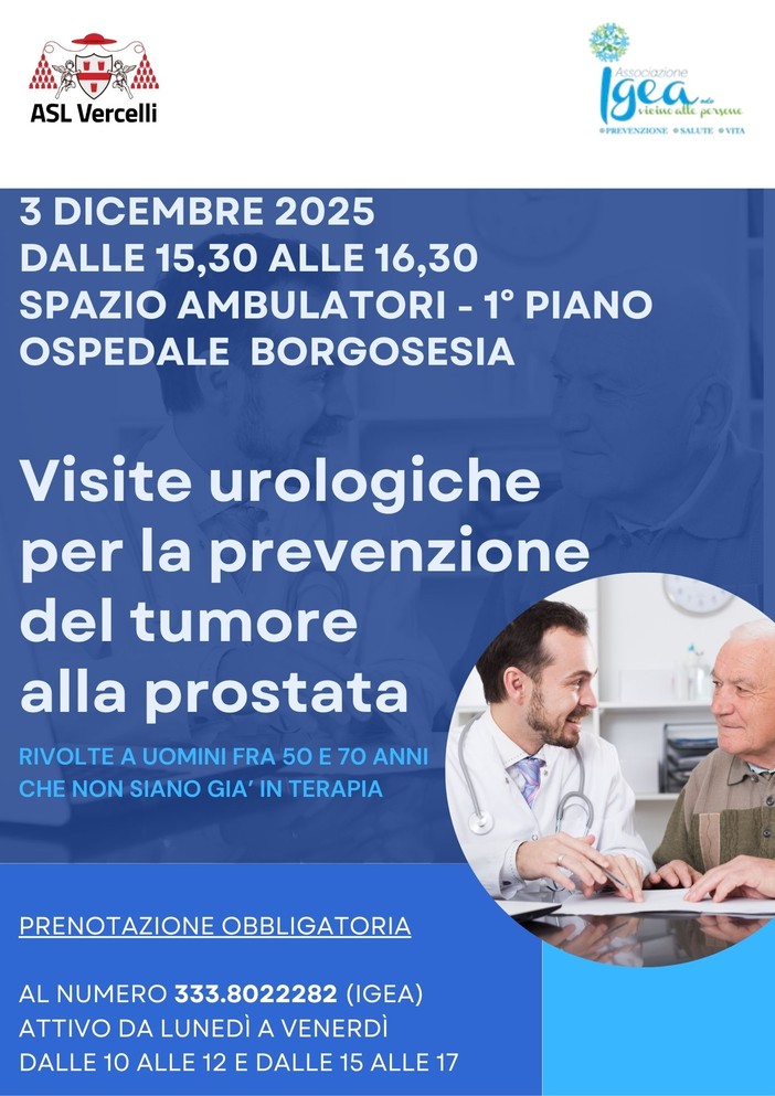 Visite urologiche gratuite a Vercelli e Borgosesia: tre date dedicate alla prevenzione del tumore alla prostata