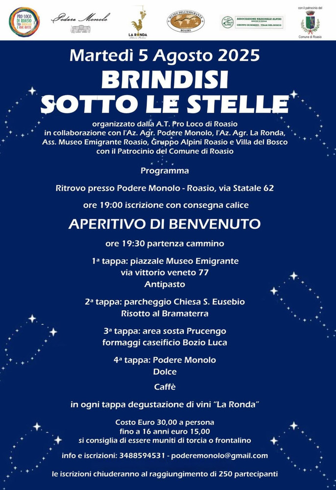 Martedì 5 agosto a Roasio torna  'Brindisi sotto le stelle'