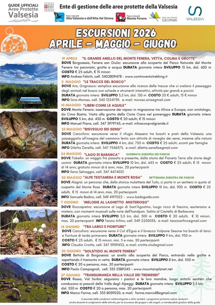 Escursioni in Valsesia da aprile a giugno 2026: il calendario delle Guide ufficiali tra Monte Fenera, Alta Valsesia e Val Sorba