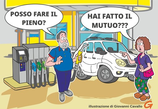 Per fare il pieno serve un finanziamento: l'auto beve, tu piangi - illustrazione di Giovanni Cavallo.