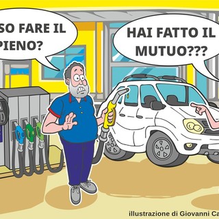 Per fare il pieno serve un finanziamento: l'auto beve, tu piangi - illustrazione di Giovanni Cavallo.