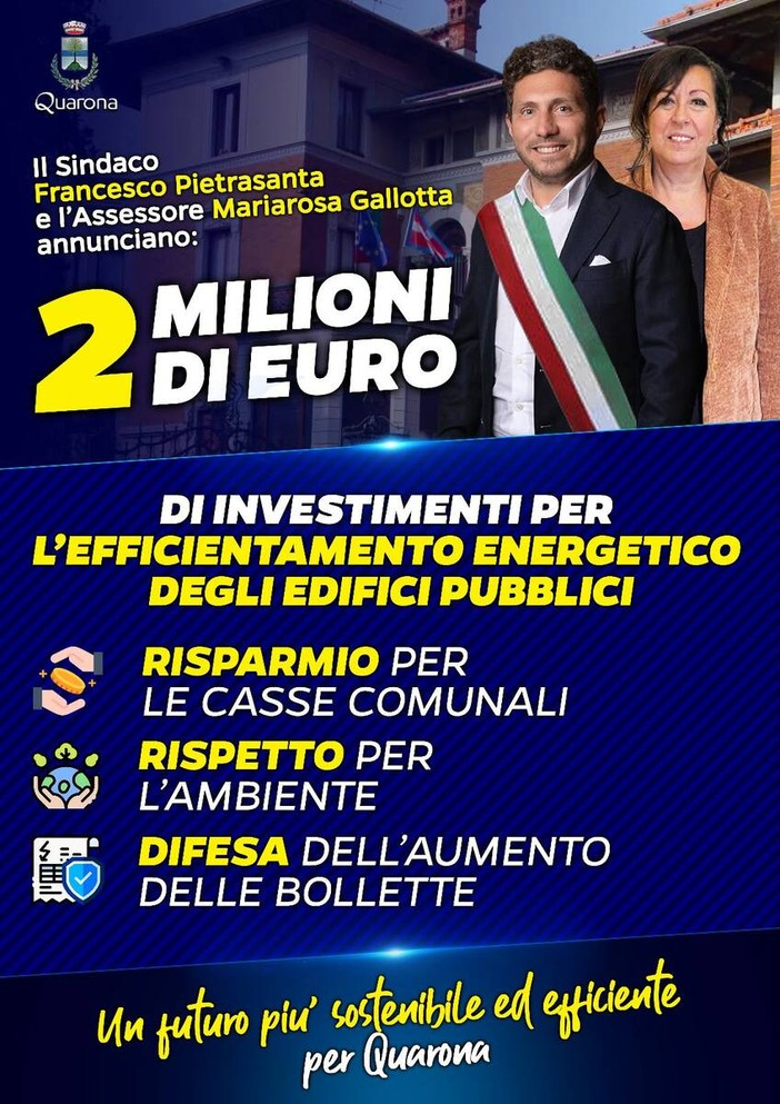 Quarona, piano da 2 milioni di euro per l’efficientamento energetico degli edifici pubblici Quarona, piano da 2 milioni di euro per l’efficientamento energetico degli edifici pubblici