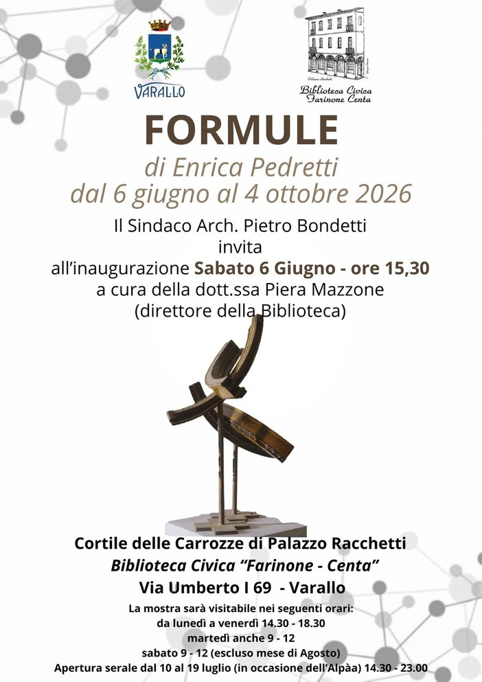 Varallo, a Palazzo Racchetti la mostra “Formule” di Enrica Pedretti