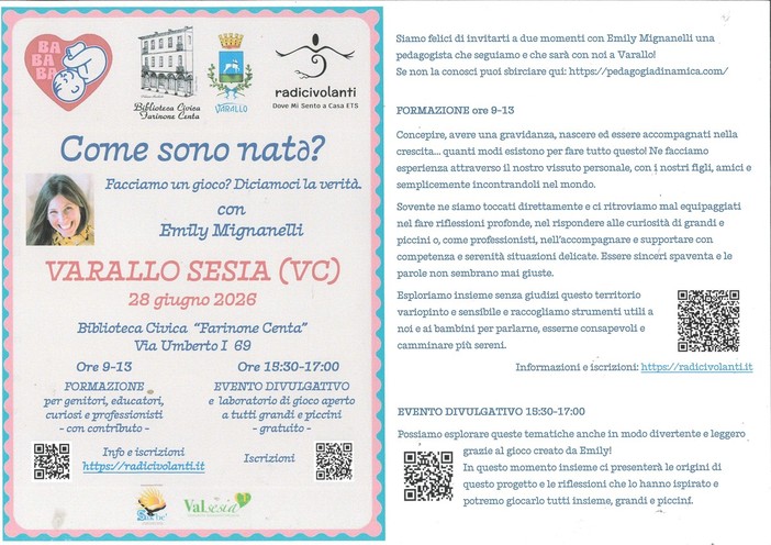 Varallo, in Biblioteca due incontri con Emily Mignanelli sul tema della nascita