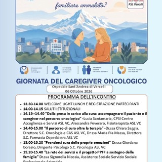 Vercelli, il 6 ottobre la prima Giornata del caregiver oncologico all’Ospedale Sant’Andrea