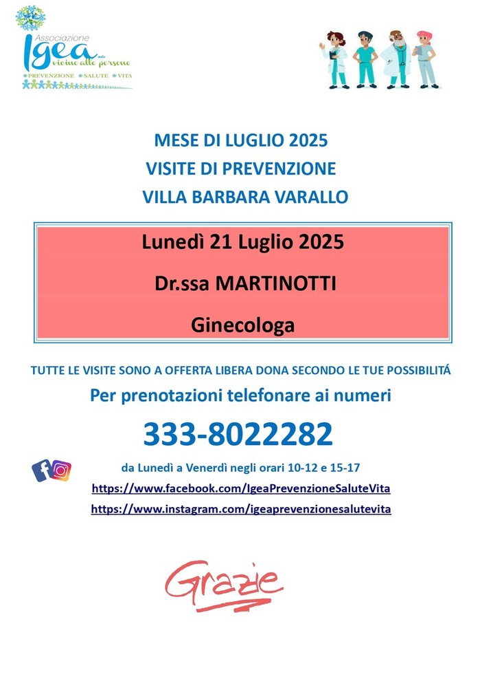 Associazione Igea: visita ginecologica a Villa Barbara il 21 luglio