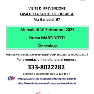 Coggiola: Visite di prevenzione ginecologiche Dr.ssa Martinotti 10 SETTEMBRE