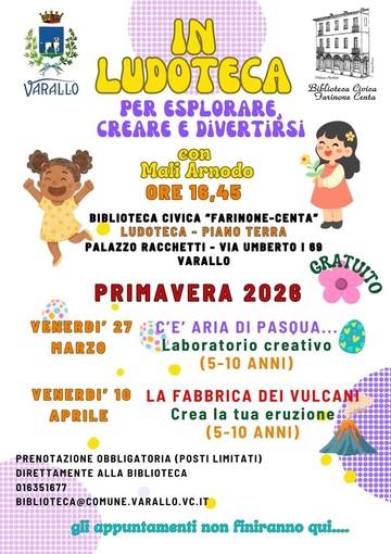 A Varallo tornano i laboratori creativi in Ludoteca: due appuntamenti di primavera per bambini dai 5 ai 10 anni A Varallo tornano i laboratori creativi in Ludoteca: due appuntamenti di primavera per bambini dai 5 ai 10 anni