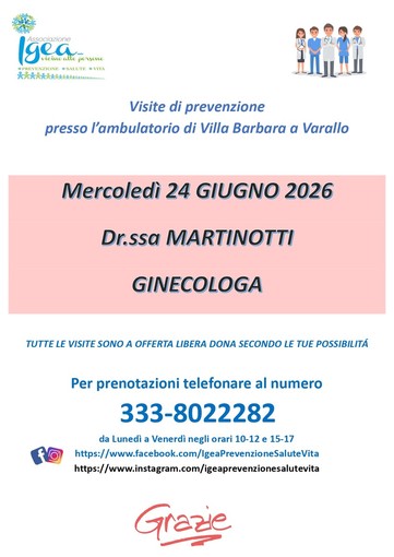 Varallo, visite ginecologiche di prevenzione con l’Associazione Igea a Villa Barbara