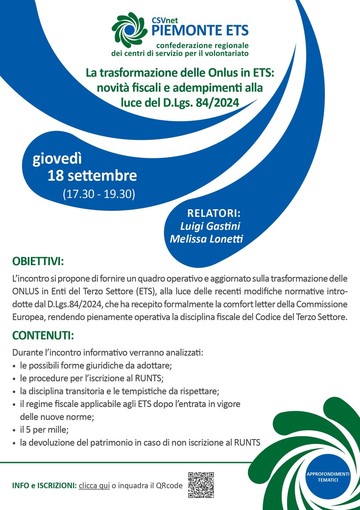 La trasformazione delle Onlus in ETS:incontro online giovedì 18 settembre