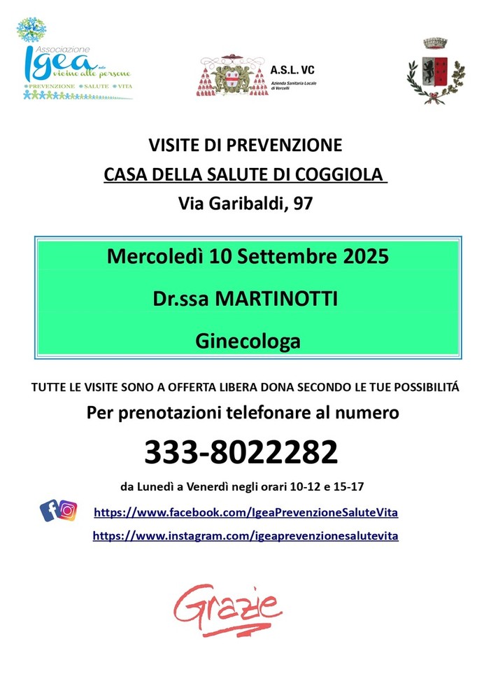 Coggiola: Visite di prevenzione ginecologiche Dr.ssa Martinotti 10 SETTEMBRE