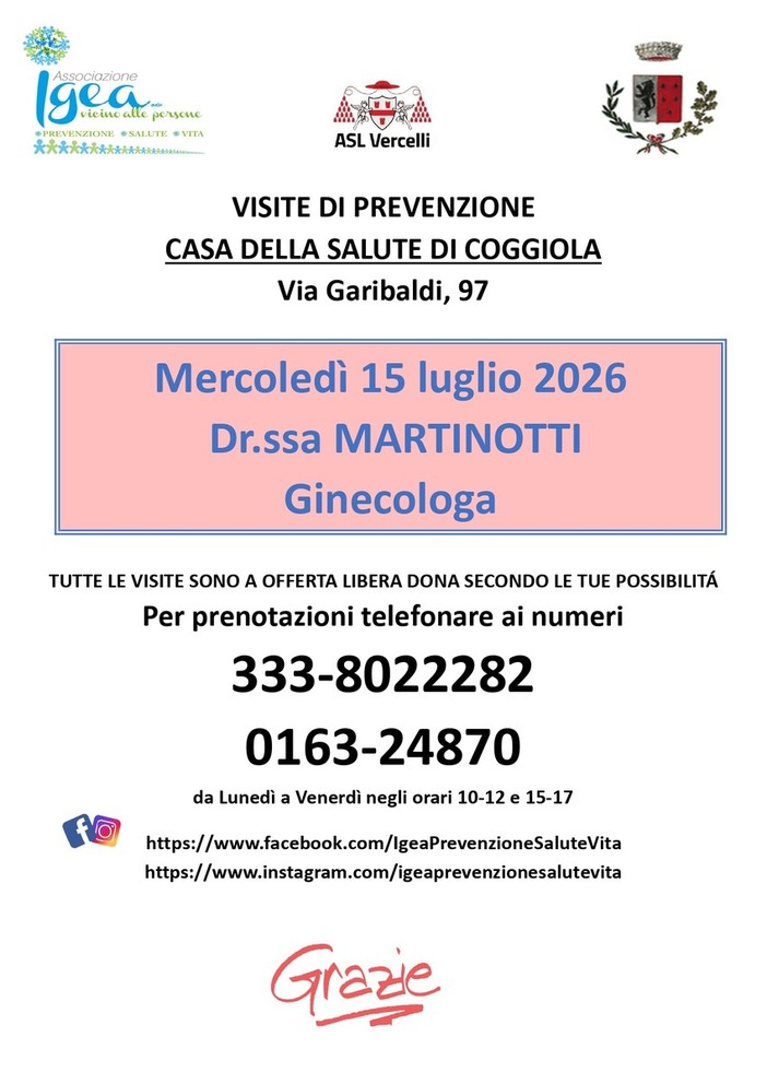 Visite ginecologiche di prevenzione a Coggiola con l’associazione Igea