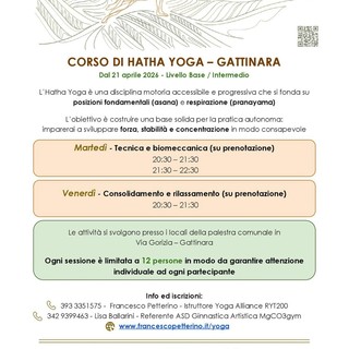 Gattinara, dal 21 aprile parte un corso di Hatha Yoga tra tecnica, rilassamento e pratica consapevole