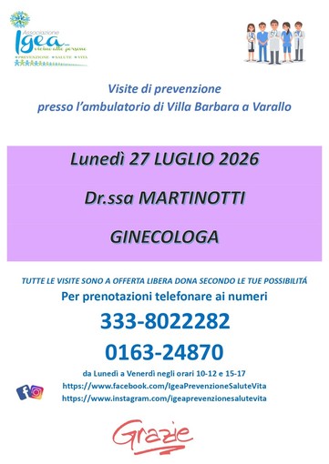 Varallo, visite ginecologiche di prevenzione a Villa Barbara con l’associazione Igea Varallo, visite ginecologiche di prevenzione a Villa Barbara con l’associazione Igea