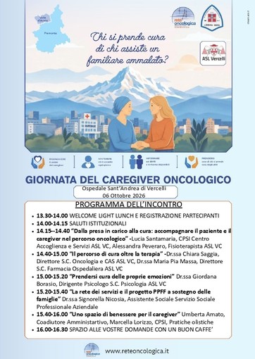 Vercelli, il 6 ottobre la prima Giornata del caregiver oncologico all’Ospedale Sant’Andrea Vercelli, il 6 ottobre la prima Giornata del caregiver oncologico all’Ospedale Sant’Andrea