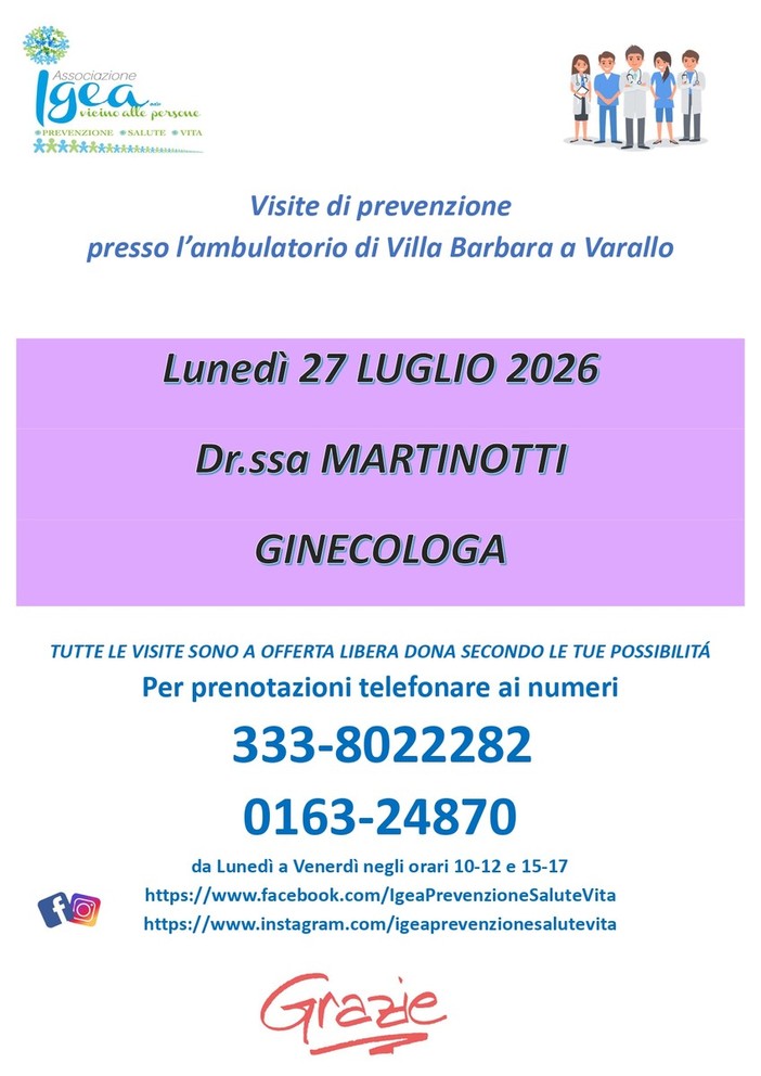 Varallo, visite ginecologiche di prevenzione a Villa Barbara con l’associazione Igea Varallo, visite ginecologiche di prevenzione a Villa Barbara con l’associazione Igea