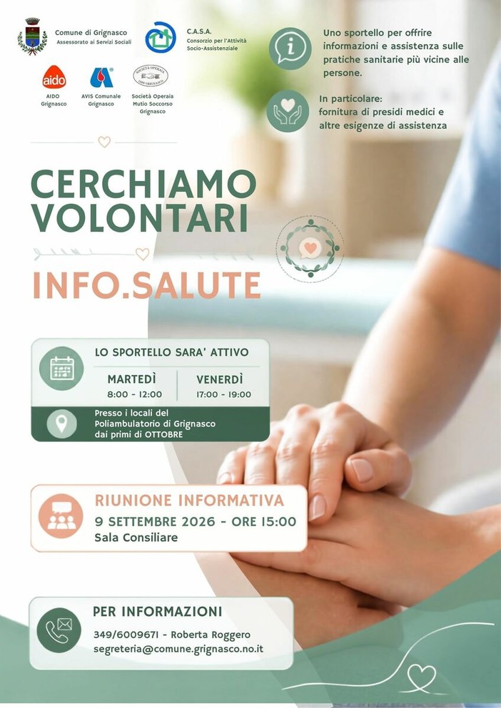 A Grignasco nasce “Info.Salute”: si cercano volontari per il nuovo sportello di assistenza A Grignasco nasce “Info.Salute”: si cercano volontari per il nuovo sportello di assistenza