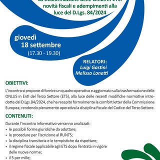 La trasformazione delle Onlus in ETS:incontro online giovedì 18 settembre