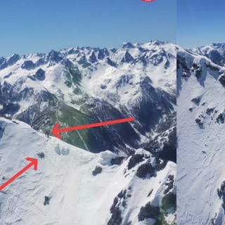 Dal Nord-ovest, infortunio in alta quota: salvato scialpinista infortunato (freccia in alto - posizione del soccorritore; freccia in basso - posizione dello scialpinista)