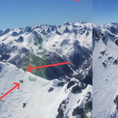 Dal Nord-ovest, infortunio in alta quota: salvato scialpinista infortunato (freccia in alto - posizione del soccorritore; freccia in basso - posizione dello scialpinista) Dal Nord-ovest, infortunio in alta quota: salvato scialpinista infortunato (freccia in alto - posizione del soccorritore; freccia in basso - posizione dello scialpinista)