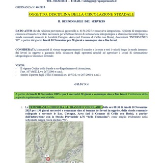 Valduggia, strada chiusa verso Cavagna e Arva per lavori di sistemazione idrogeologica