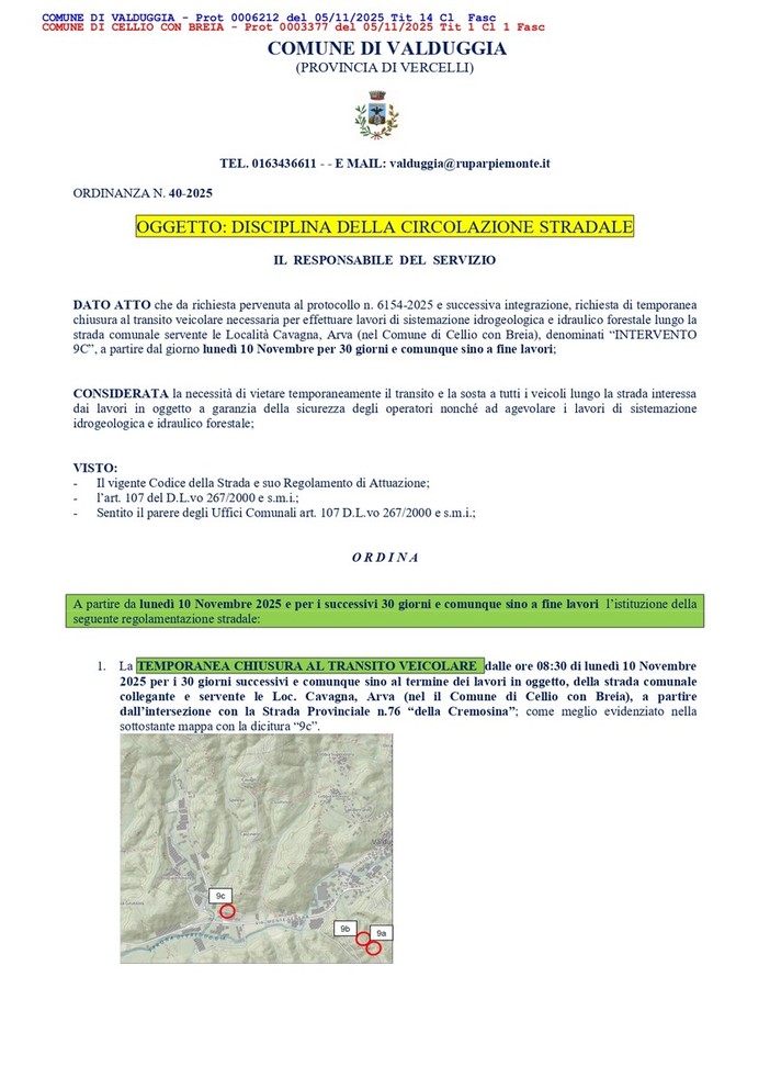 Valduggia, strada chiusa verso Cavagna e Arva per lavori di sistemazione idrogeologica