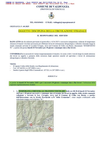 Valduggia, strada chiusa verso Cavagna e Arva per lavori di sistemazione idrogeologica Valduggia, strada chiusa verso Cavagna e Arva per lavori di sistemazione idrogeologica