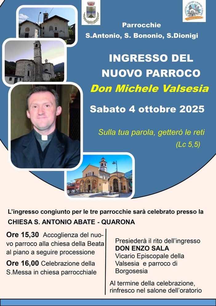 Quarona accoglie il nuovo parroco Don Michele Valsesia Quarona accoglie il nuovo parroco Don Michele Valsesia