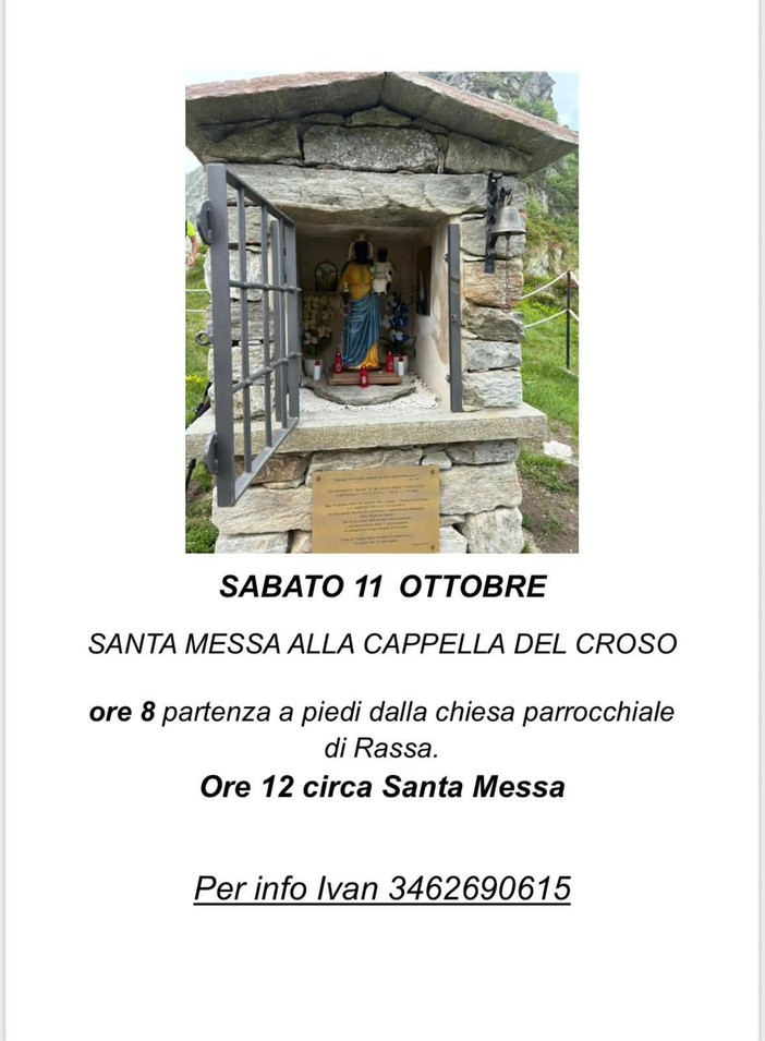 Rassa, sabato la Santa Messa alla Cappella del Croso Rassa, sabato la Santa Messa alla Cappella del Croso