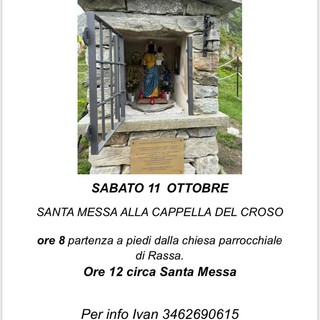 Rassa, sabato la Santa Messa alla Cappella del Croso