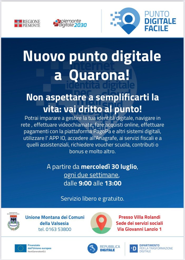 A Quarona nasce lo &quot;Sportello Digitale&quot;: un servizio gratuito per supportare i cittadini nel mondo online