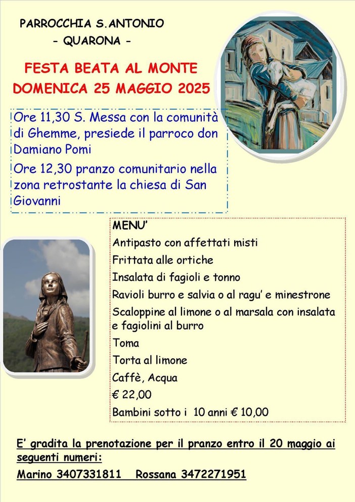 Quarona: domenica 25 maggio si celebra la Festa della Beata al Monte