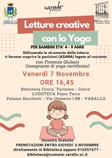 Varallo, in Biblioteca “Letture creative con lo yoga” per bimbi 4–9 anni – 7 novembre 2025 Varallo, in Biblioteca “Letture creative con lo yoga” per bimbi 4–9 anni – 7 novembre 2025